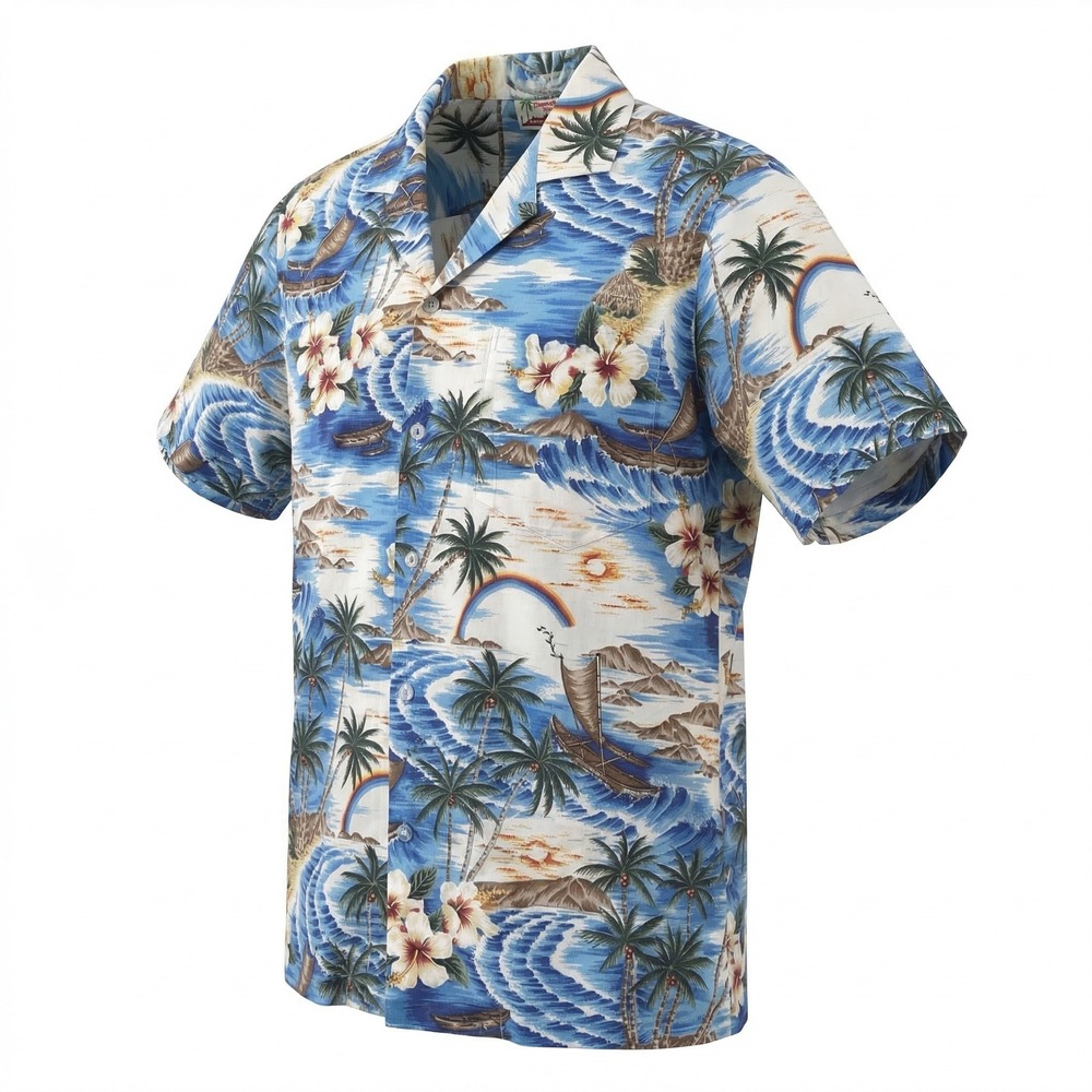 Vintage Evergreen Island Aloha Shirt M Ocean Blue Boats Hibiscus USA Made‎